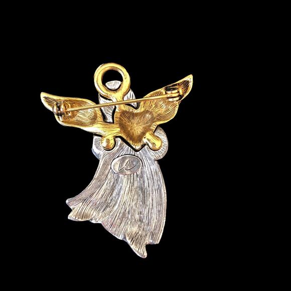 Vintage Signed LC Two Tone Gold & Silver Tone Angel Holding A Heart Halo Brooch - Picture 4 of 6